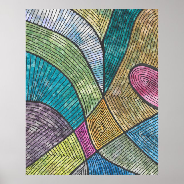 Colourful Abstract Geometric Pattern Curved Lines Poster (Front)