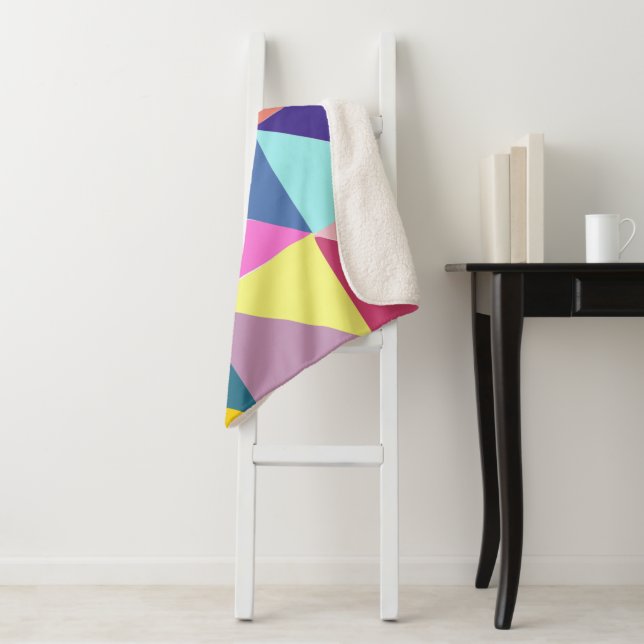 Colourful Abstract Geometric Triangle Patchwork Sherpa Blanket (In Situ)