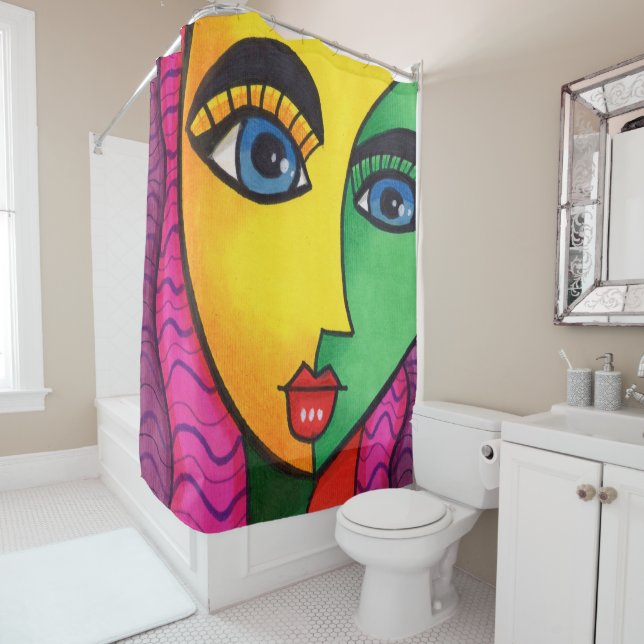 Colourful Abstract Girl Face Shower Curtain (In Situ)
