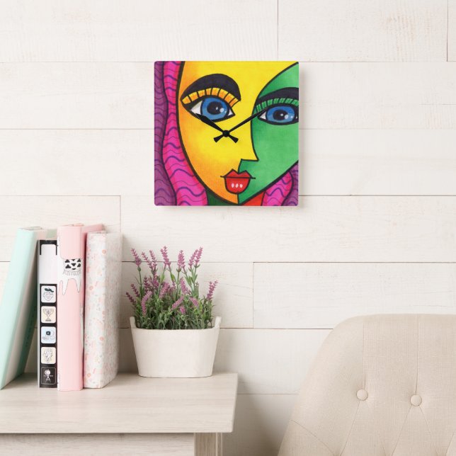 Colourful Abstract Girl Face Square Wall Clock (Reading Room)