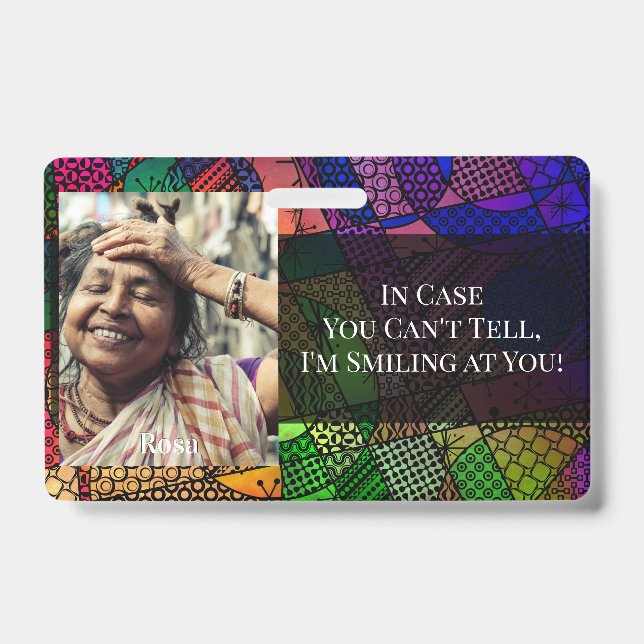 Colourful Abstract Graphic Smiling Behind a Mask ID Badge (Front)