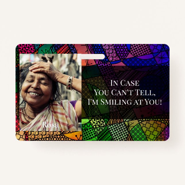 Colourful Abstract Graphic Smiling Behind a Mask ID Badge (Front)