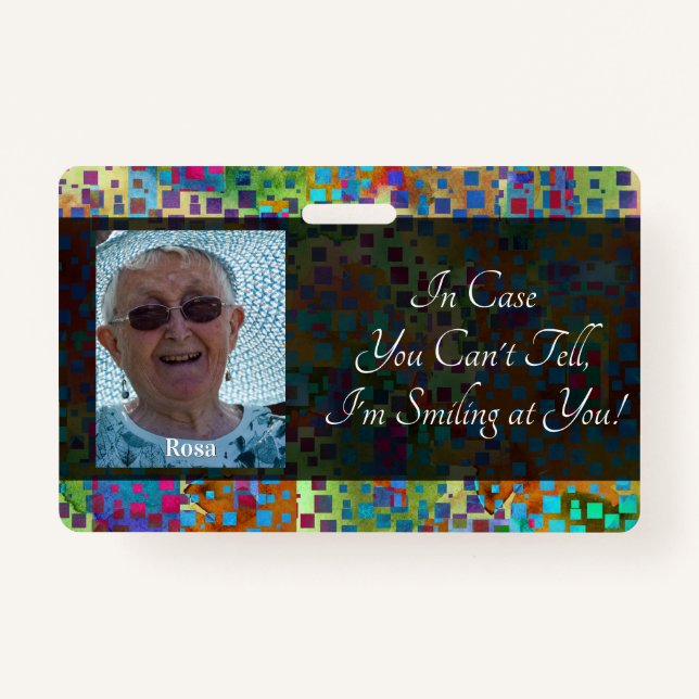 Colourful Abstract Graphic Smiling Behind a Mask ID Badge (Front)