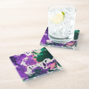 Colourful Abstract Green and Purple Splatter Paint Glass Coaster