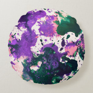 Colourful Abstract Green and Purple Splatter Paint Round Cushion