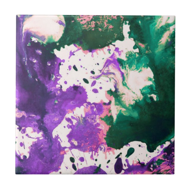 Colourful Abstract Green and Purple Splatter Paint Tile (Front)