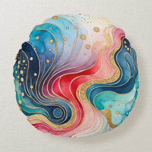 Colourful Abstract Ink Art Round Throw Pillow