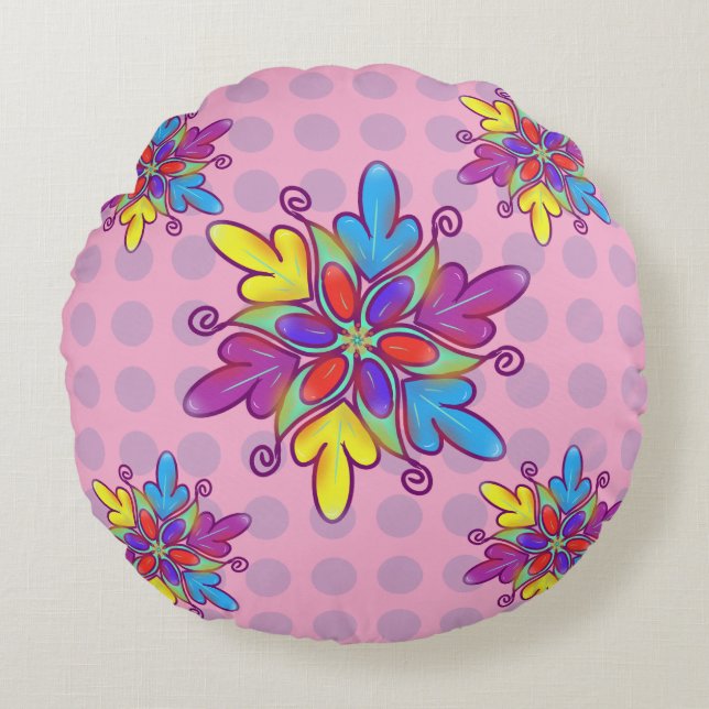 Colourful Abstract Kaleidoscope Flower Pattern Round Cushion (Front)