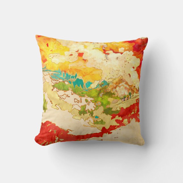 Colourful, abstract landscape, hills, lake, trees cushion (Front)