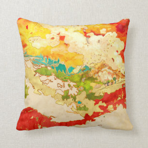 Colourful, abstract landscape, hills, lake, trees cushion