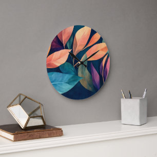 Colourful Abstract Leaves Large Clock