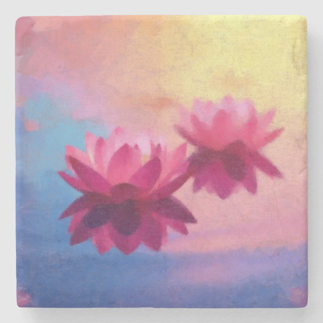 Colourful Abstract Lotus Flowers Stone Coaster (Front)