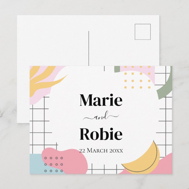 Colourful Abstract Memphis Wedding Invitation Postcard (Front/Back)