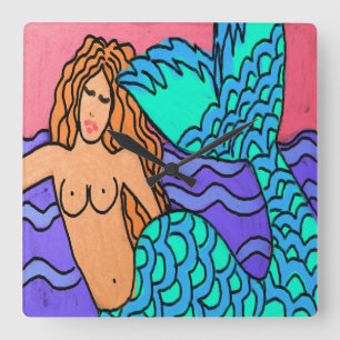 Colourful Abstract Mermaid Painting Square Wall Cl Clock