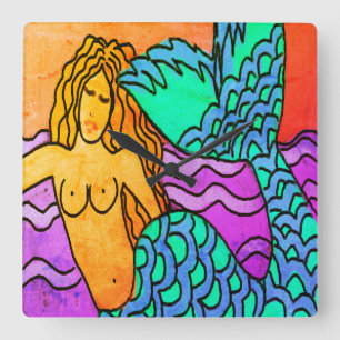Colourful Abstract Mermaid Painting Square Wall Clock