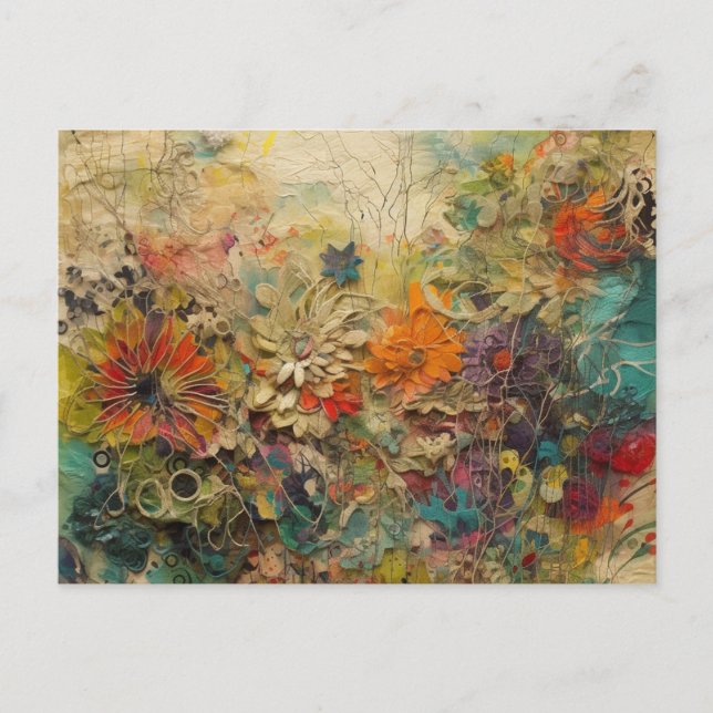 Colourful Abstract Mixed Media Floral Collage Postcard (Front)