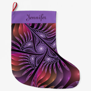 Colourful Abstract Modern Purple Fractal Name Large Christmas Stocking