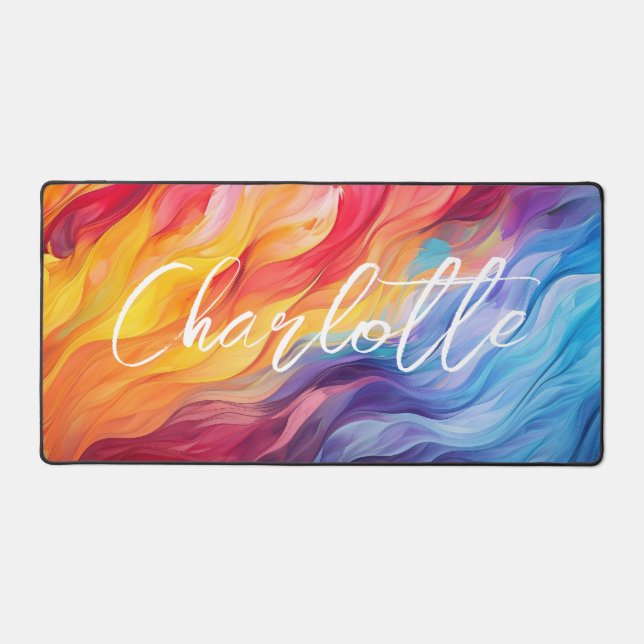 Colourful Abstract Modern Waves Personalised Name Desk Mat (Front)