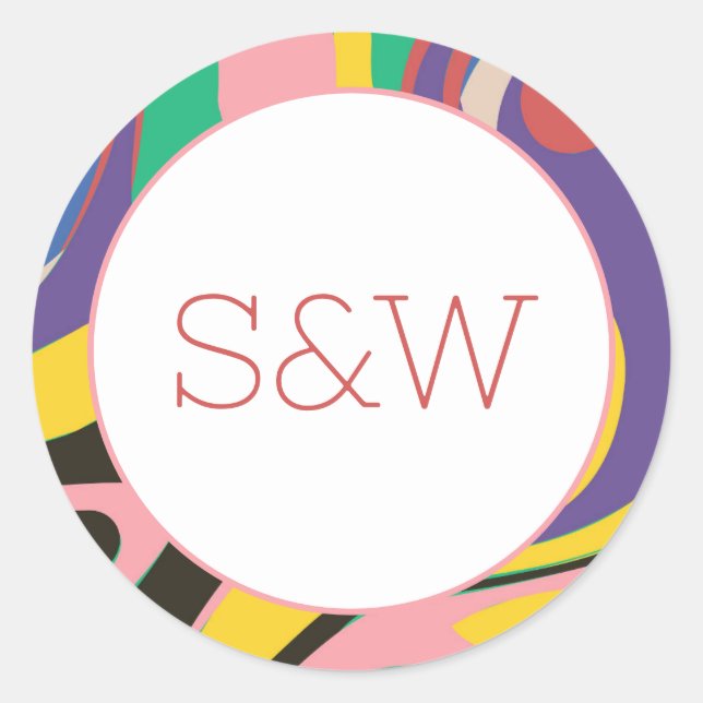 Colourful Abstract Monogram Wedding Classic Round Sticker (Front)