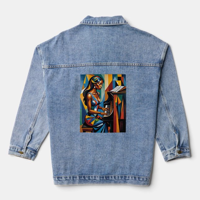 Colourful Abstract Musician Playing Piano t-shirt Denim Jacket (Back)