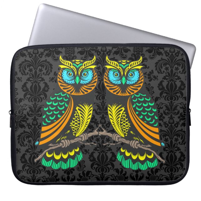 Colourful Abstract Pair Of Owls Laptop Sleeve (Front)
