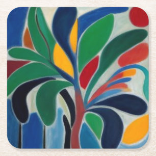 Colourful Abstract Palm Tree Square Paper Coaster