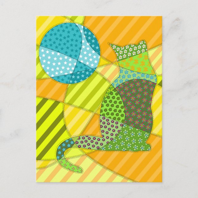 Colourful Abstract Patchwork Cat Postcard (Front)