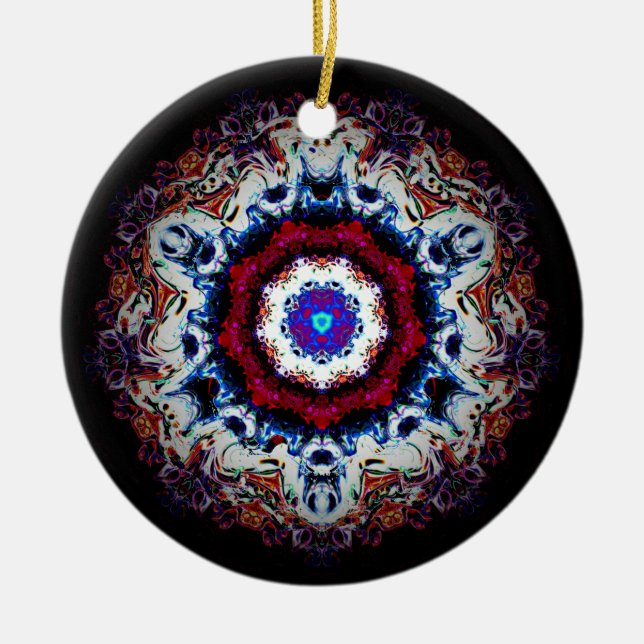 Colourful abstract pattern (alien eye 2) ceramic tree decoration (Front)
