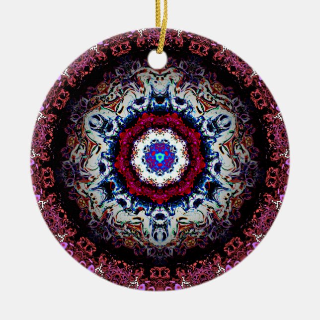 Colourful abstract pattern (alien eye) ceramic tree decoration (Front)