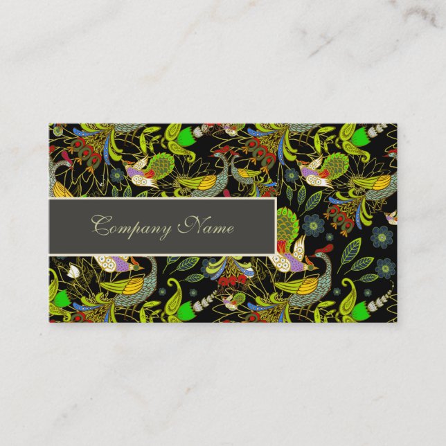Colourful Abstract Peacocks On Black Background Business Card (Front)