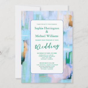 Colourful Abstract Pink Blue Wedding Invite QR Cod