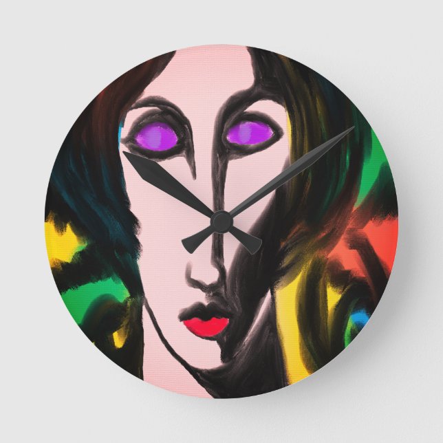 Colourful Abstract Portrait of a Woman Round Clock (Front)