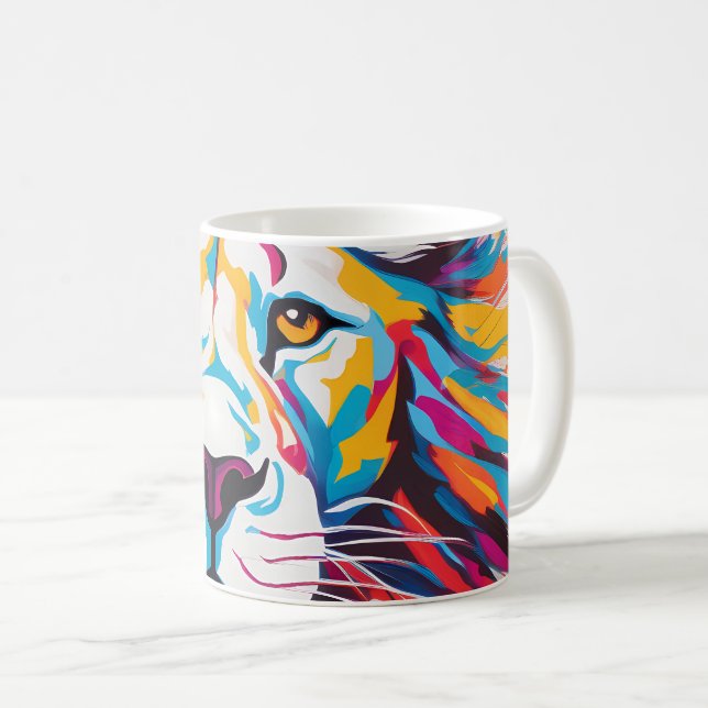 Colourful abstract portrait white lion coffee mug (Front Right)