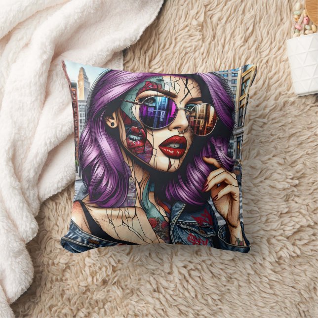 Colourful Abstract Pretty Lady with Purple Hair Cushion (Blanket)