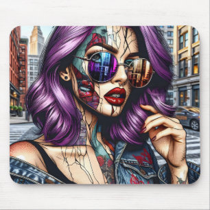 Colourful Abstract Pretty Lady with Purple Hair Mouse Mat