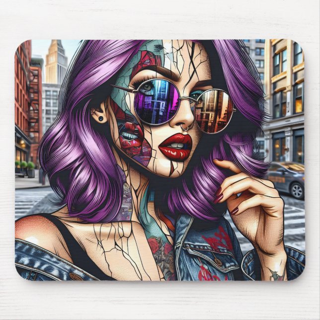 Colourful Abstract Pretty Lady with Purple Hair Mouse Mat (Front)
