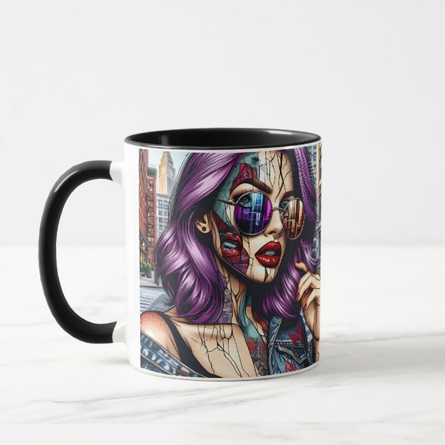 Colourful Abstract Pretty Lady with Purple Hair Mug (Left)