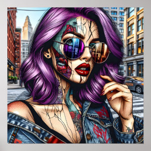 Colourful Abstract Pretty Lady with Purple Hair Poster