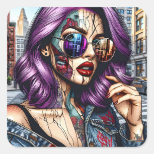 Colourful Abstract Pretty Lady with Purple Hair Square Sticker