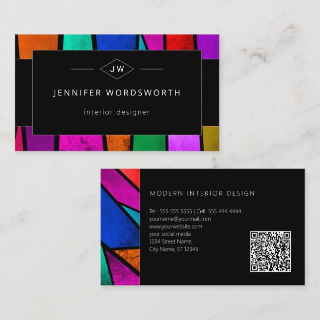 Colourful Abstract Purple Blue Pink Black QR Code Business Card (Front/Back)