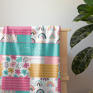 Colourful Abstract Rainbow Flower Patchwork Sherpa Blanket