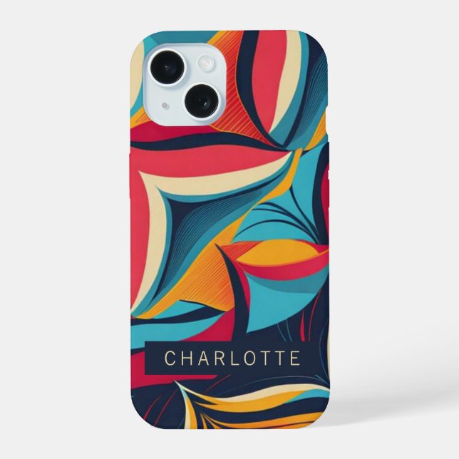 Colourful Abstract Retro Pattern Personalised iPhone 15 Case (Back)
