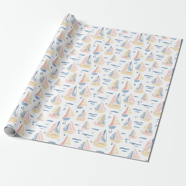 Colourful abstract sailboats with waves on the sea wrapping paper (Unrolled)