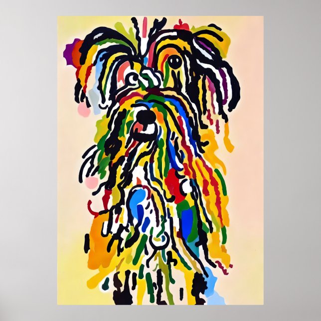 Colourful Abstract Shaggy Dog Portrait Painting Poster (Front)