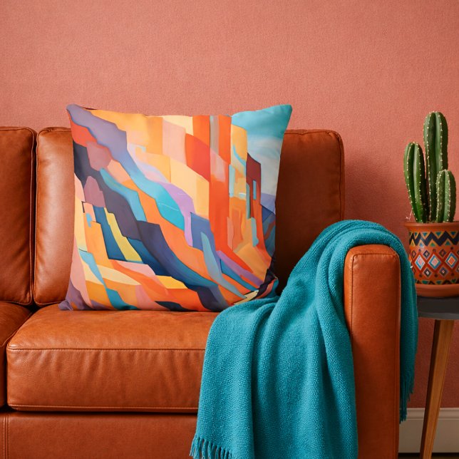 Colourful Abstract Southwestern Scenery Cushion (Vividly colored southwestern canyon cliffs landscape throw pillow in modern desert ranch home settin)