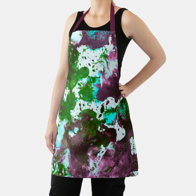 Colourful Abstract Splatter Paint Green and Purple Apron (Insitu)