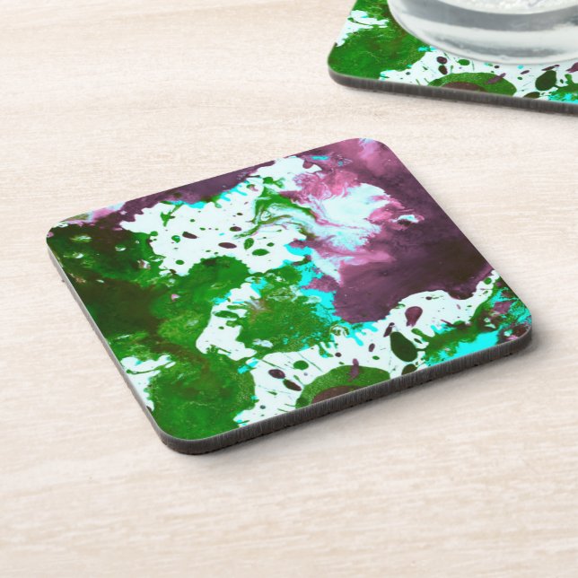 Colourful Abstract Splatter Paint Green and Purple Coaster (Left Side)