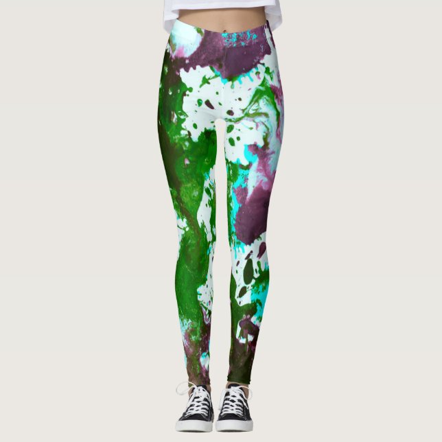Colourful Abstract Splatter Paint Green and Purple Leggings (Front)