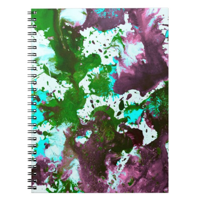 Colourful Abstract Splatter Paint Green and Purple Notebook (Front)