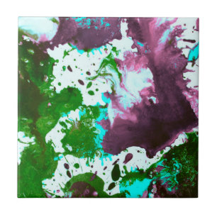 Colourful Abstract Splatter Paint Green and Purple Tile